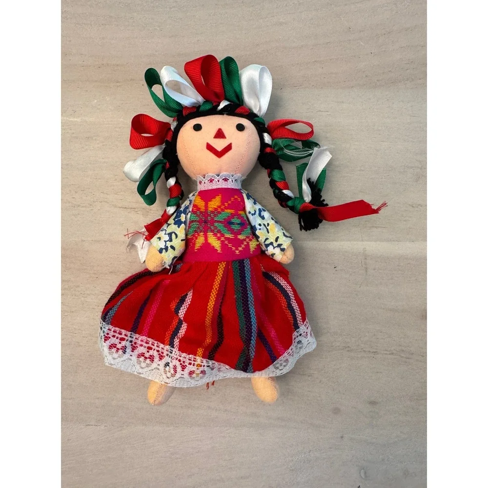Handmade Mexican Maria Otomi Rag Doll Muneca Lele Ribbon Braids Embroidered